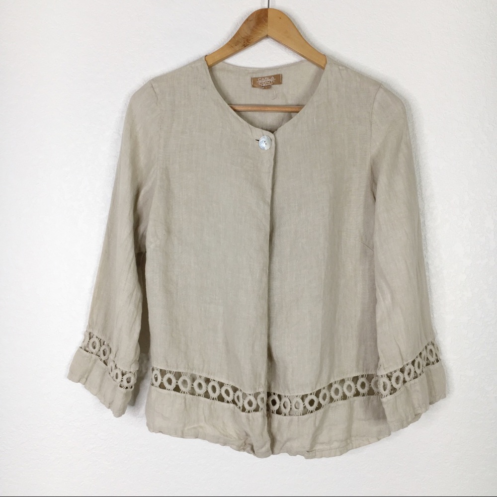 Carla Conti Beige Tan Linen Lace Top